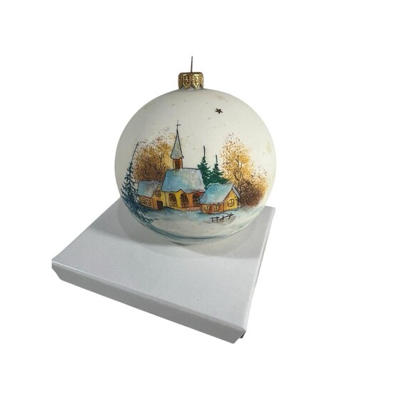 Vintage Hand Painted Glass Ball Ornament Christmas Winter Church Scene  5” H - Picture 3 of 13